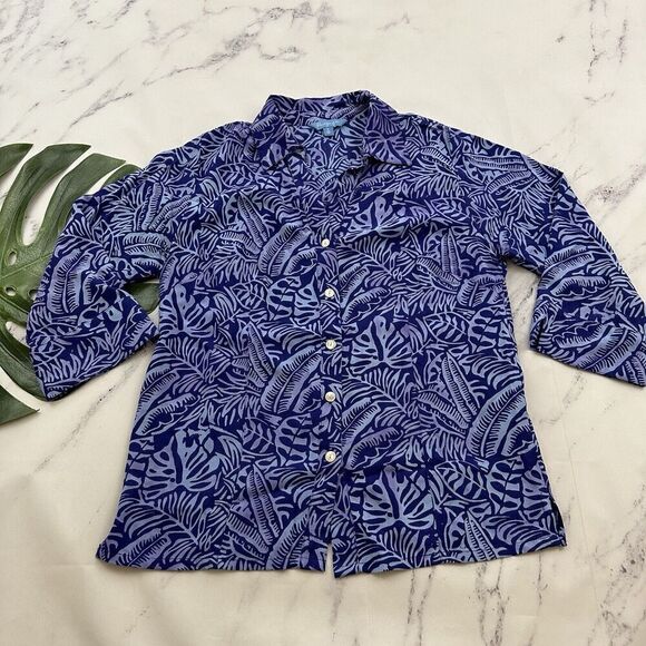 Blue Ginger Womens Button Up Blouse Top Size S Purple Tropical Leaf Floral - Picture 1 of 12